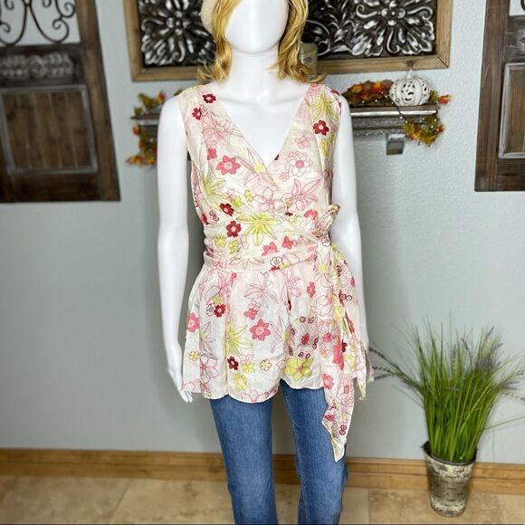Vintage Faux Wrap Floral Print V-Neck 100%Silk Peplum Hem Top Size Small - Picture 2 of 14